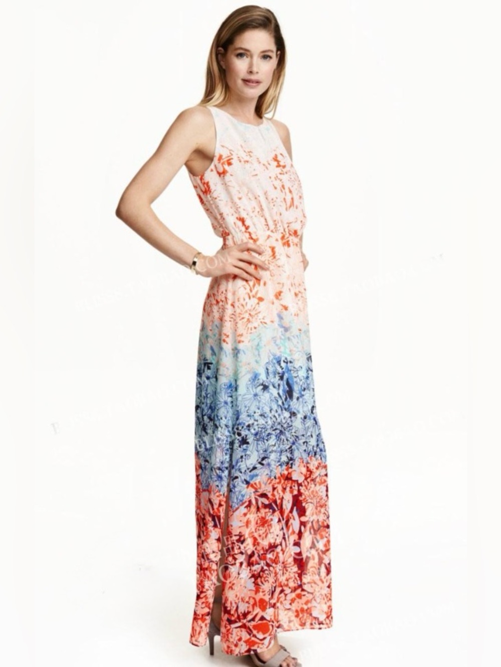 H&M size 14 Sleeveless Ombre Floral Maxi Dress in Coral and Blue